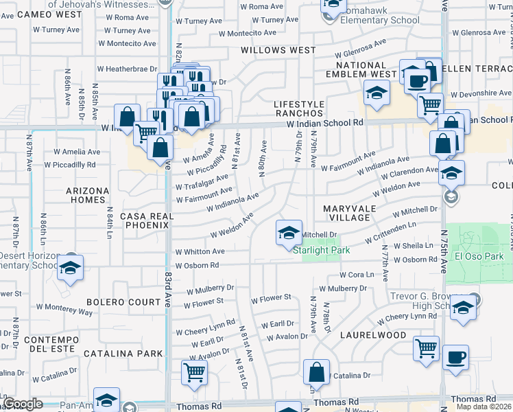 map of restaurants, bars, coffee shops, grocery stores, and more near 8035 West Indianola Avenue in Phoenix