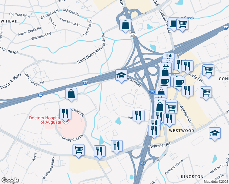 map of restaurants, bars, coffee shops, grocery stores, and more near 3152 Perimeter Parkway in Augusta