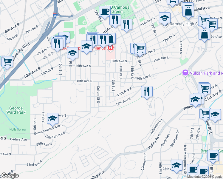 map of restaurants, bars, coffee shops, grocery stores, and more near 1611 12th Street South in Birmingham