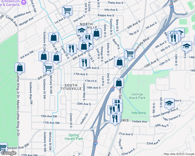 map of restaurants, bars, coffee shops, grocery stores, and more near 1700 1st Place South in Birmingham