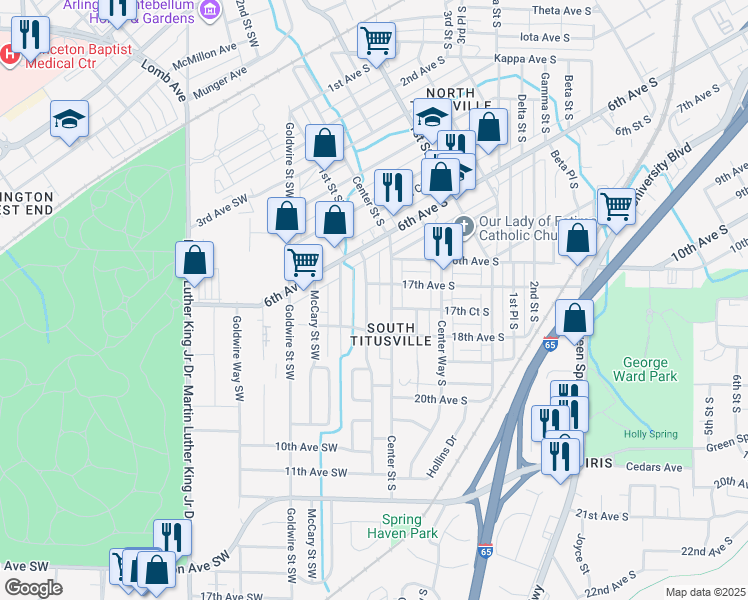 map of restaurants, bars, coffee shops, grocery stores, and more near 708 Center Place Southwest in Birmingham
