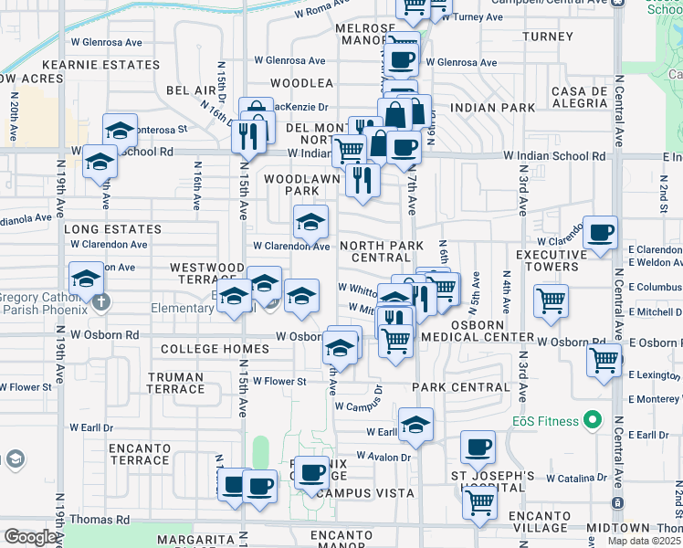 map of restaurants, bars, coffee shops, grocery stores, and more near 1225 West Clarendon Avenue in Phoenix
