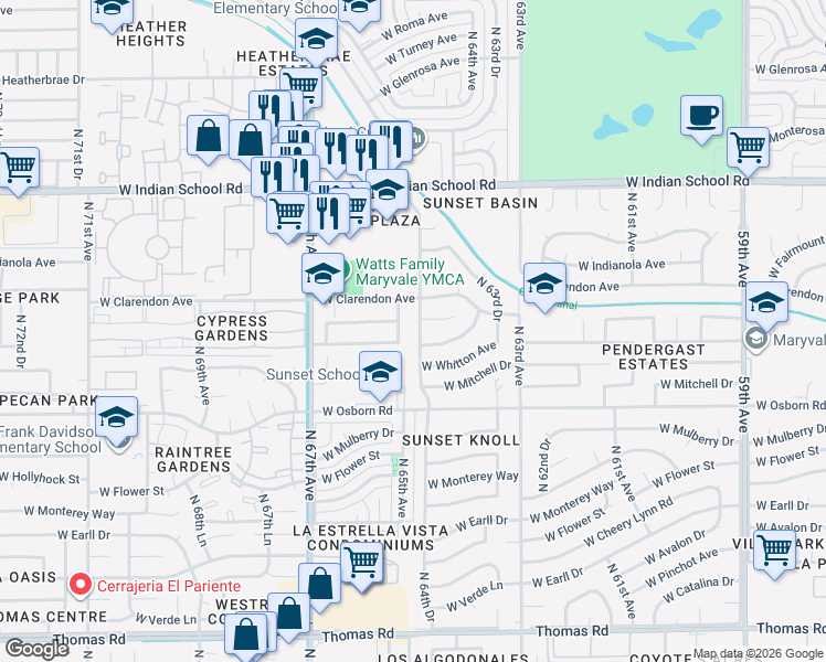 map of restaurants, bars, coffee shops, grocery stores, and more near 6501 West Weldon Avenue in Phoenix
