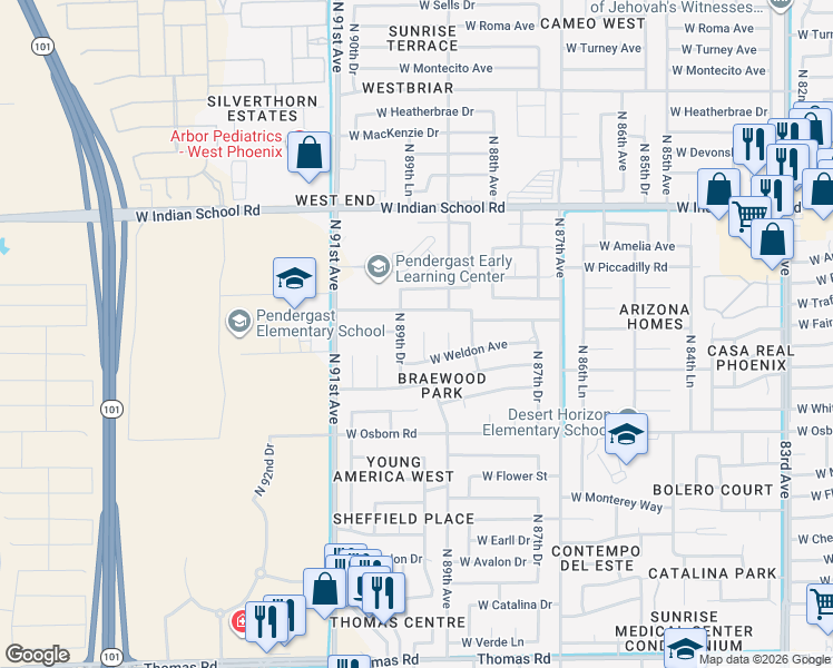 map of restaurants, bars, coffee shops, grocery stores, and more near 3657 North 89th Drive in Phoenix