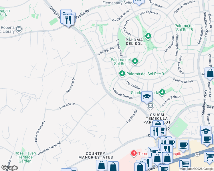 map of restaurants, bars, coffee shops, grocery stores, and more near 43654 Corte Cabral in Temecula