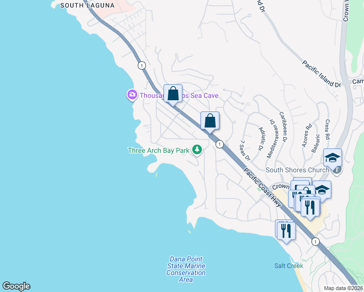 map of restaurants, bars, coffee shops, grocery stores, and more near 25 South La Senda Drive in Laguna Beach