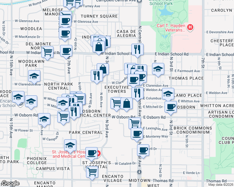 map of restaurants, bars, coffee shops, grocery stores, and more near 3633 North 3rd Avenue in Phoenix