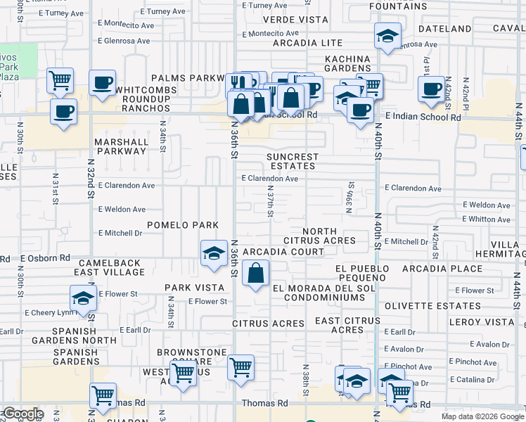 map of restaurants, bars, coffee shops, grocery stores, and more near 3626 North 37th Street in Phoenix