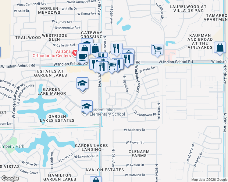 map of restaurants, bars, coffee shops, grocery stores, and more near 10629 West Piccadilly Road in Avondale