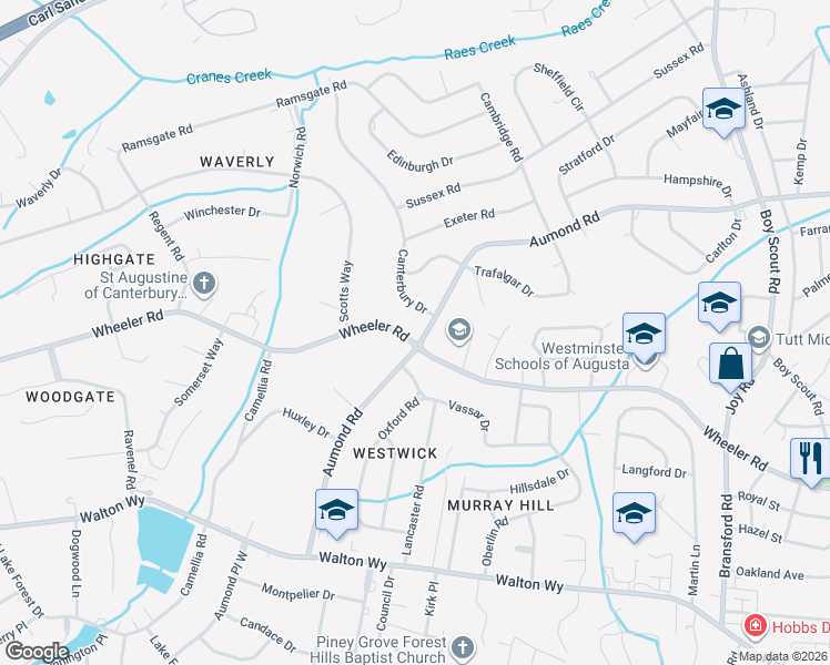 map of restaurants, bars, coffee shops, grocery stores, and more near 615 Aumond Road in Augusta