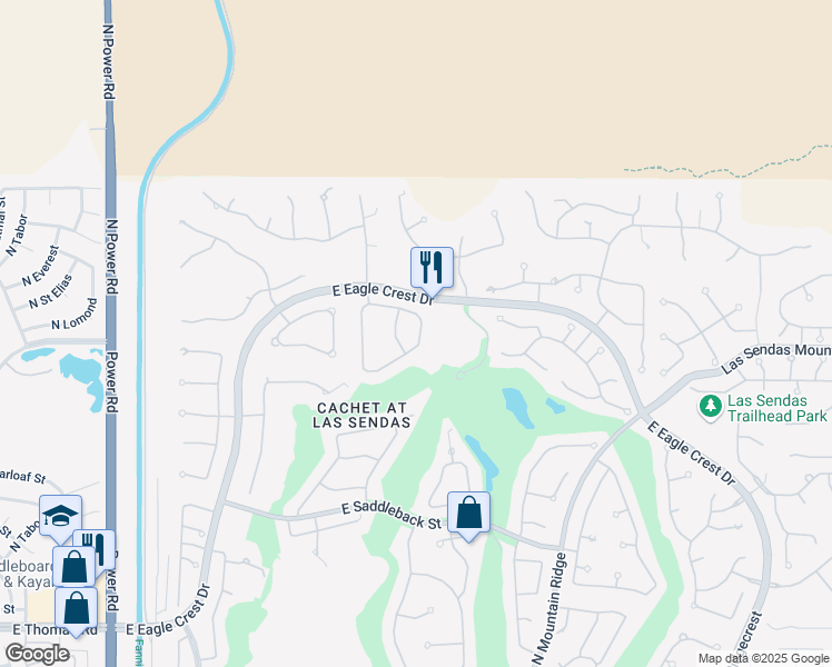 map of restaurants, bars, coffee shops, grocery stores, and more near 7445 East Eagle Crest Drive in Mesa