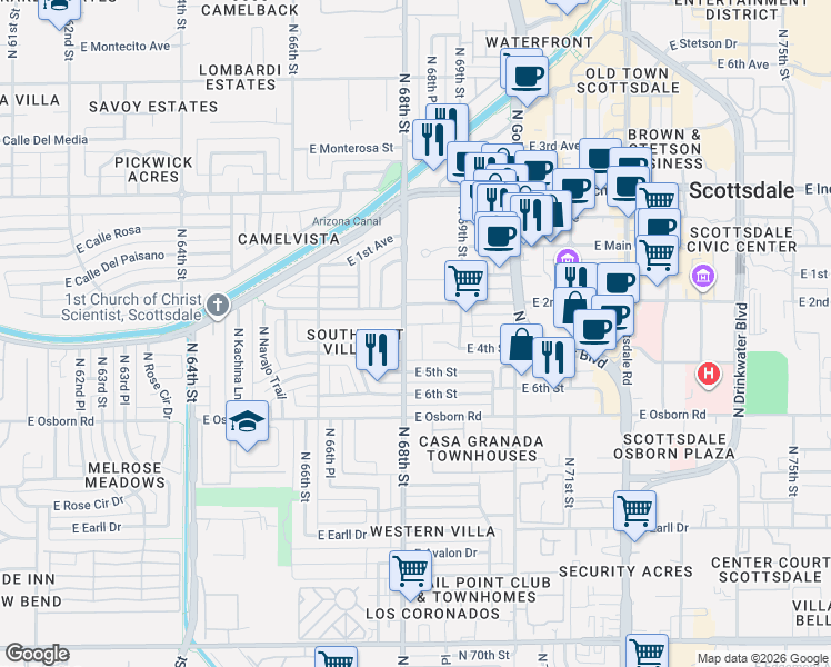map of restaurants, bars, coffee shops, grocery stores, and more near 3635 North 68th Street in Scottsdale