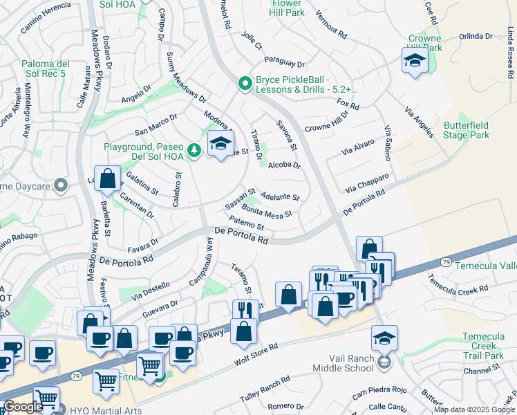 map of restaurants, bars, coffee shops, grocery stores, and more near 32888 Bonita Mesa Street in Temecula