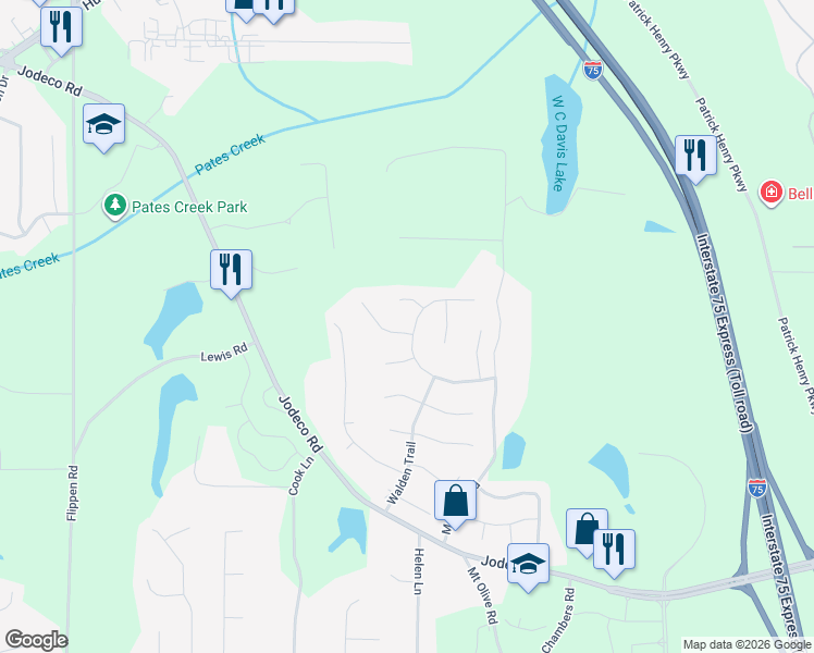 map of restaurants, bars, coffee shops, grocery stores, and more near 543 Horseshoe Circle in Stockbridge
