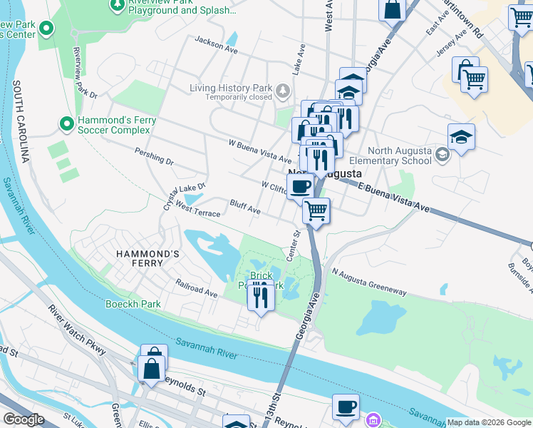 map of restaurants, bars, coffee shops, grocery stores, and more near 298 Vankerkhoff Pl in North Augusta