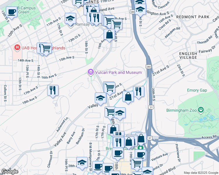 map of restaurants, bars, coffee shops, grocery stores, and more near 1916 20th Avenue South in Birmingham