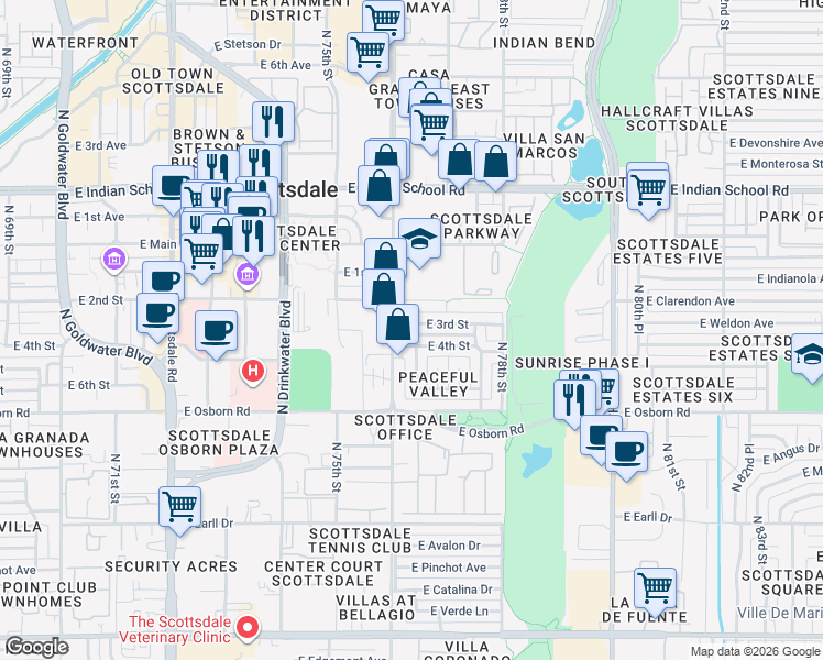 map of restaurants, bars, coffee shops, grocery stores, and more near 7621 East 3rd Street in Scottsdale