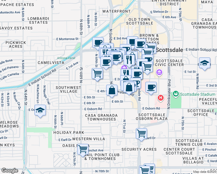 map of restaurants, bars, coffee shops, grocery stores, and more near North Goldwater Boulevard in Scottsdale