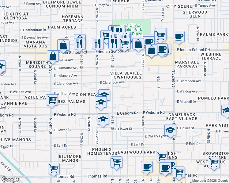 map of restaurants, bars, coffee shops, grocery stores, and more near 3622 North 28th Place in Phoenix