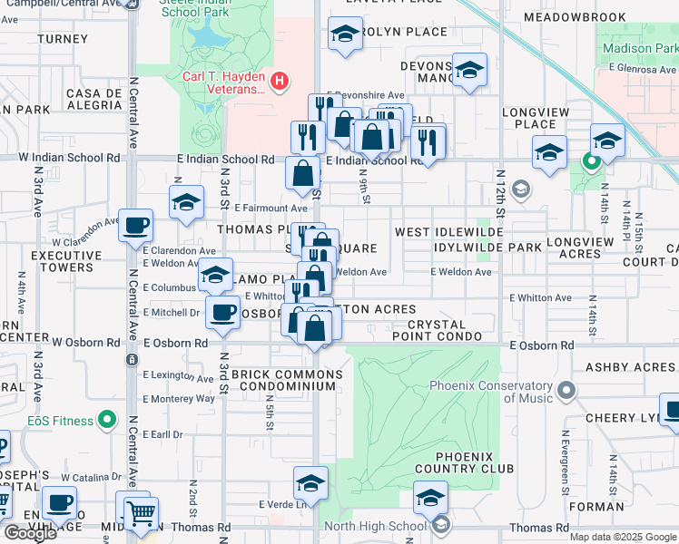 map of restaurants, bars, coffee shops, grocery stores, and more near 802 East Weldon Avenue in Phoenix