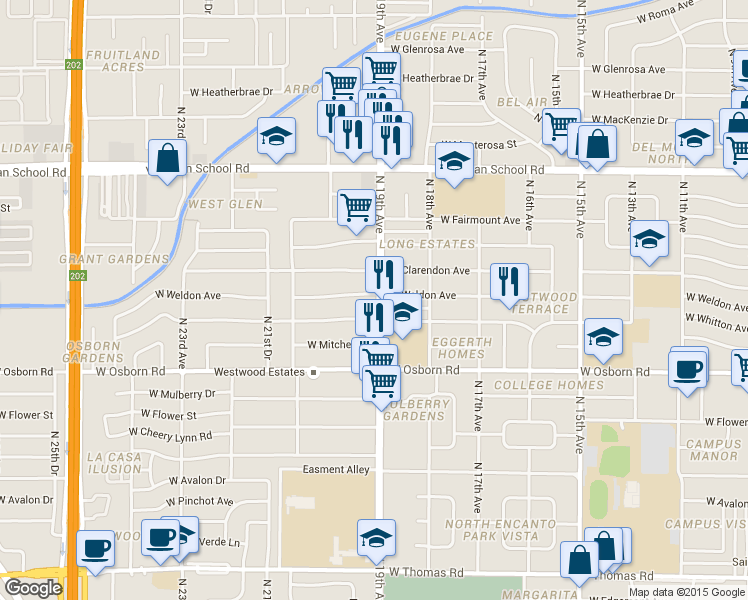 map of restaurants, bars, coffee shops, grocery stores, and more near 1824 West Weldon Avenue in Phoenix