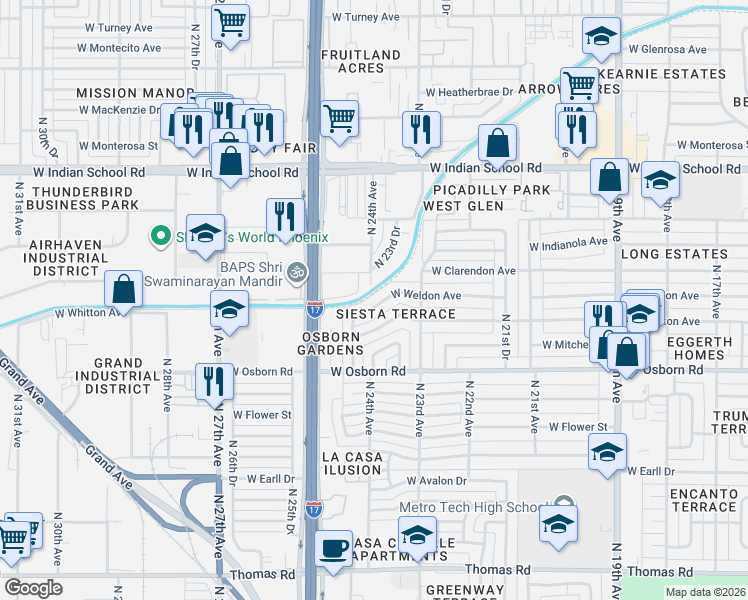 map of restaurants, bars, coffee shops, grocery stores, and more near 2338 West Weldon Avenue in Phoenix