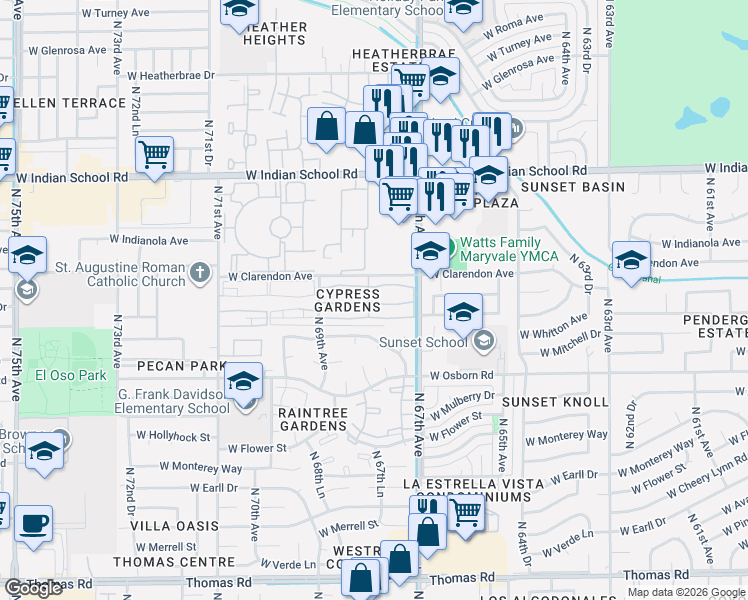 map of restaurants, bars, coffee shops, grocery stores, and more near West Britton Avenue in Phoenix