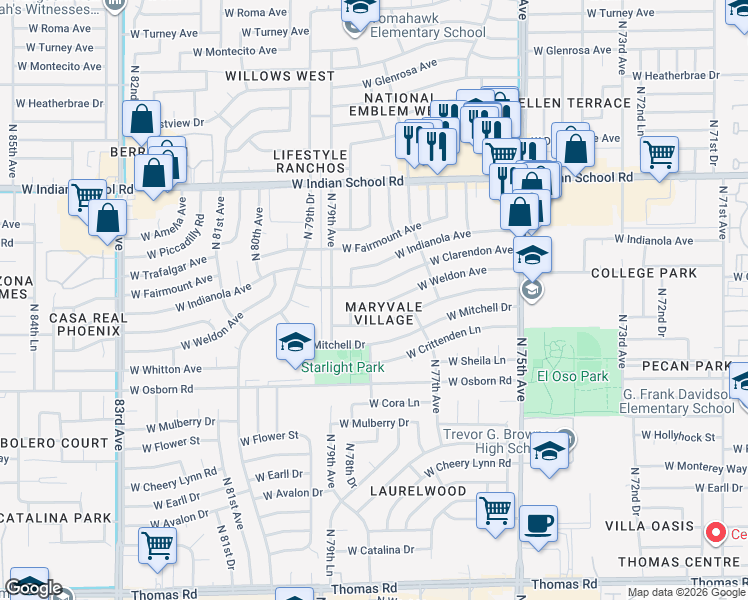 map of restaurants, bars, coffee shops, grocery stores, and more near in Phoenix