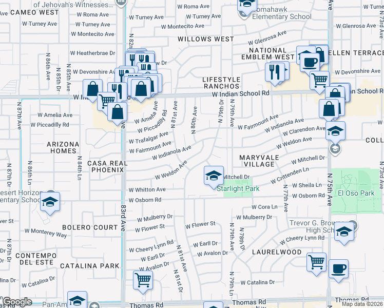 map of restaurants, bars, coffee shops, grocery stores, and more near 8026 West Weldon Avenue in Phoenix