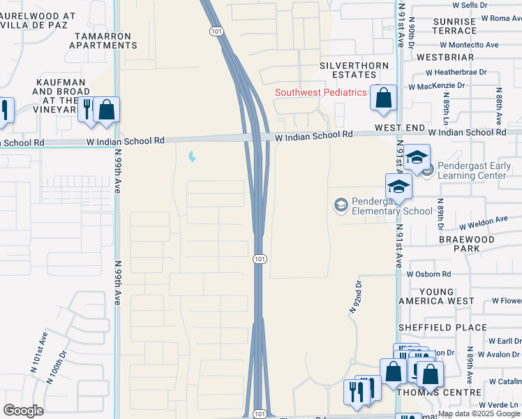 map of restaurants, bars, coffee shops, grocery stores, and more near 3401-4399 Agua Fria Fwy in Phoenix