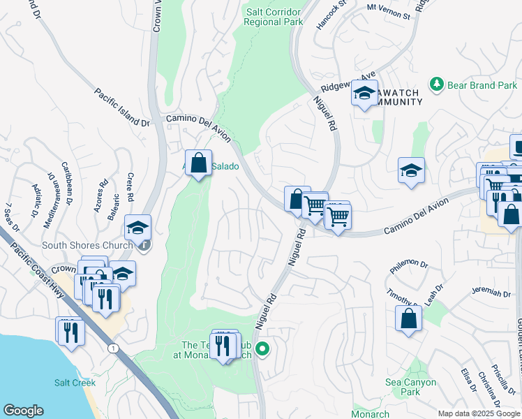 map of restaurants, bars, coffee shops, grocery stores, and more near 46 San Raphael in Dana Point