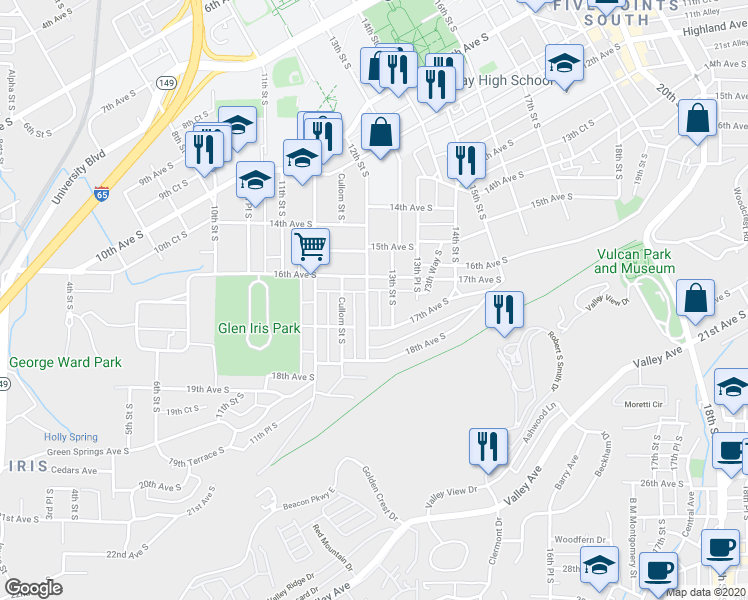 map of restaurants, bars, coffee shops, grocery stores, and more near 1611 12th Street South in Birmingham