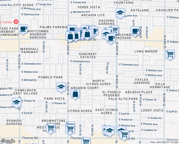map of restaurants, bars, coffee shops, grocery stores, and more near 3622 North 38th Street in Phoenix