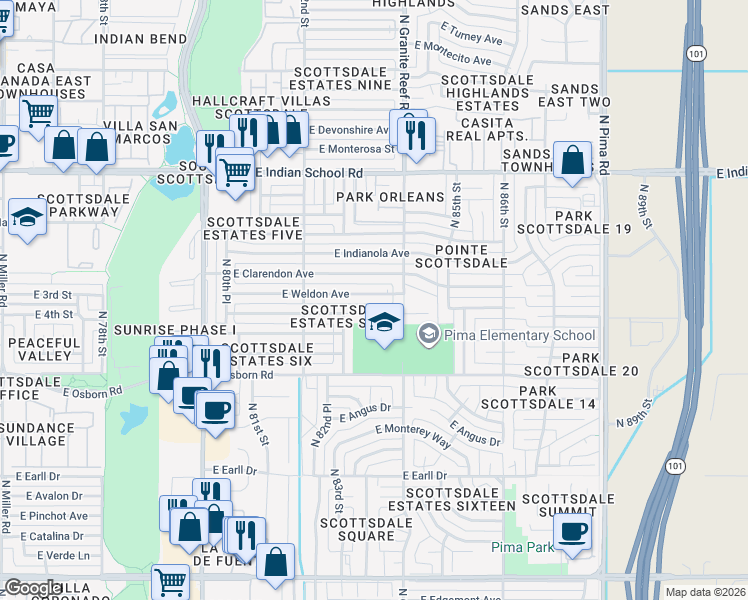 map of restaurants, bars, coffee shops, grocery stores, and more near 8329 East Weldon Avenue in Scottsdale