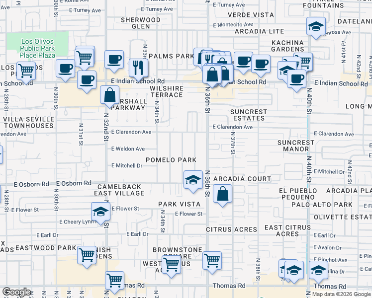 map of restaurants, bars, coffee shops, grocery stores, and more near 3702 North 35th Street in Phoenix