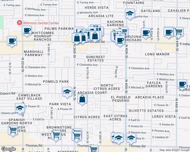 map of restaurants, bars, coffee shops, grocery stores, and more near 3622 North 38th Street in Phoenix