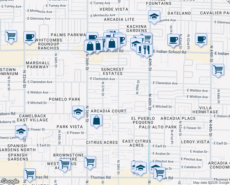 map of restaurants, bars, coffee shops, grocery stores, and more near 3622 North 38th Street in Phoenix