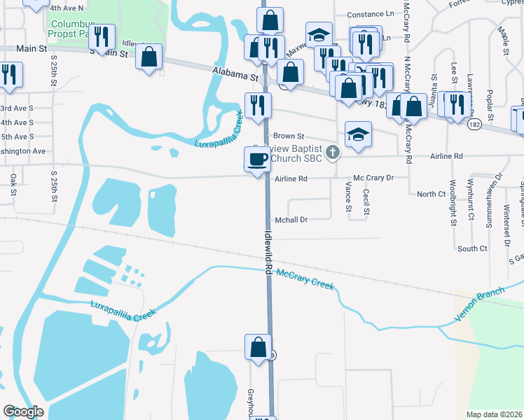 map of restaurants, bars, coffee shops, grocery stores, and more near 411 Mississippi 69 in Columbus