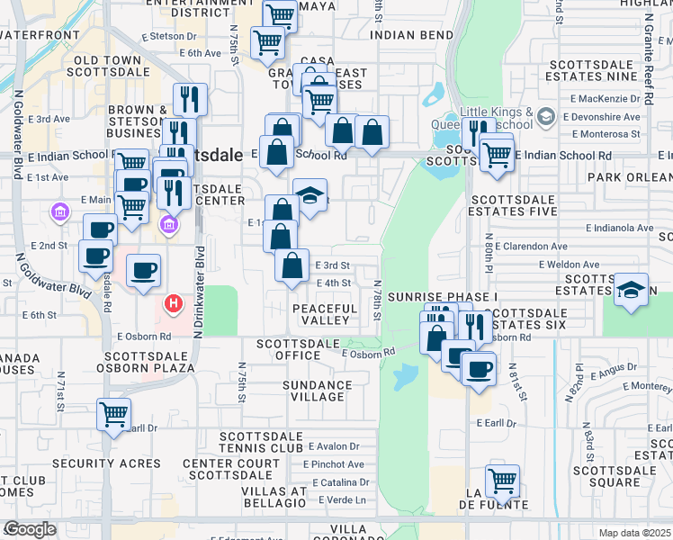map of restaurants, bars, coffee shops, grocery stores, and more near 7713 East 3rd Street in Scottsdale