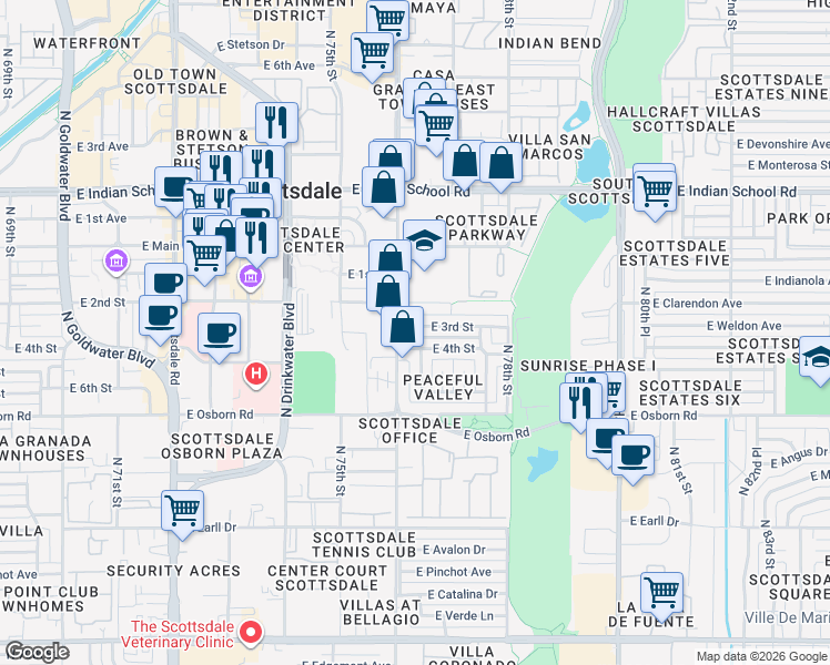 map of restaurants, bars, coffee shops, grocery stores, and more near 7621 East 3rd Street in Scottsdale