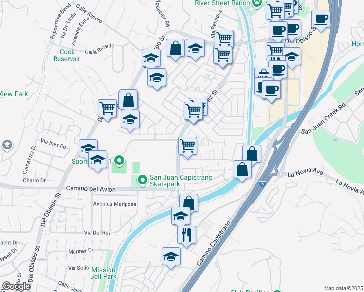 map of restaurants, bars, coffee shops, grocery stores, and more near in San Juan Capistrano