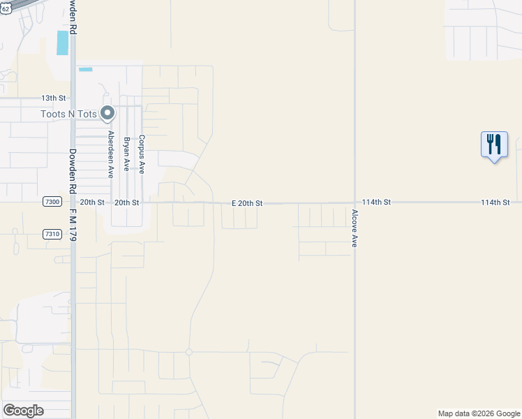 map of restaurants, bars, coffee shops, grocery stores, and more near 114th Street in Wolfforth