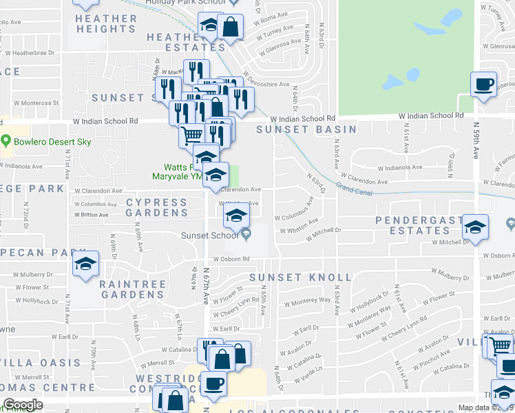 map of restaurants, bars, coffee shops, grocery stores, and more near 6501 West Weldon Avenue in Phoenix