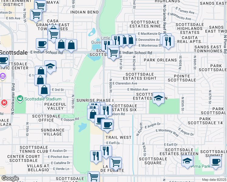 map of restaurants, bars, coffee shops, grocery stores, and more near 8027 E Weldon Ave in Scottsdale