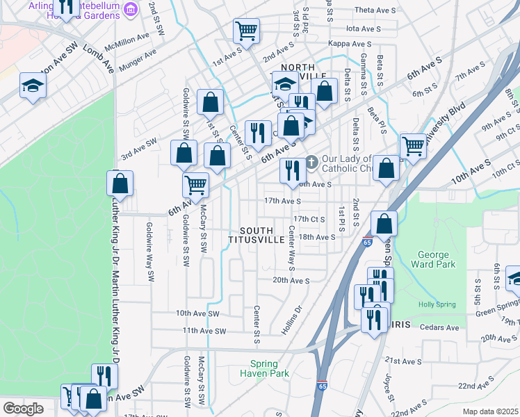 map of restaurants, bars, coffee shops, grocery stores, and more near 1711 Center Street South in Birmingham