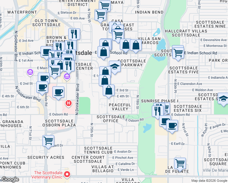 map of restaurants, bars, coffee shops, grocery stores, and more near 7621 East 3rd Street in Scottsdale
