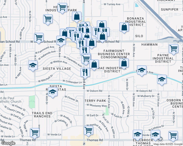 map of restaurants, bars, coffee shops, grocery stores, and more near 3542 North 42nd Avenue in Phoenix