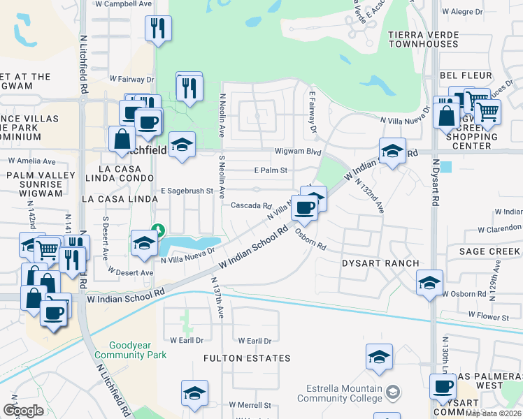 map of restaurants, bars, coffee shops, grocery stores, and more near 491 Cascada Road in Litchfield Park