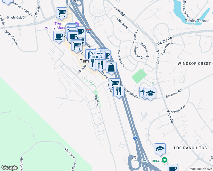 map of restaurants, bars, coffee shops, grocery stores, and more near Old Town Front Street in Temecula