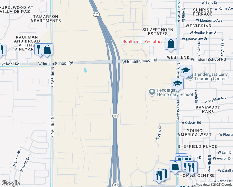 map of restaurants, bars, coffee shops, grocery stores, and more near 3401-4399 Agua Fria Fwy in Phoenix